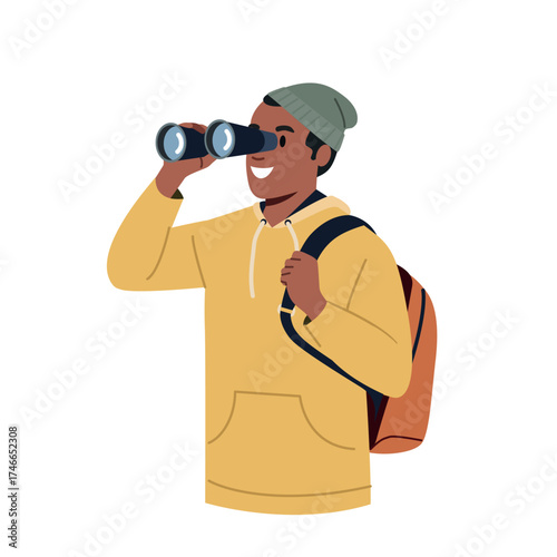 Young man with a backpack looks into the distance through binoculars. Vector illustration in a flat style.