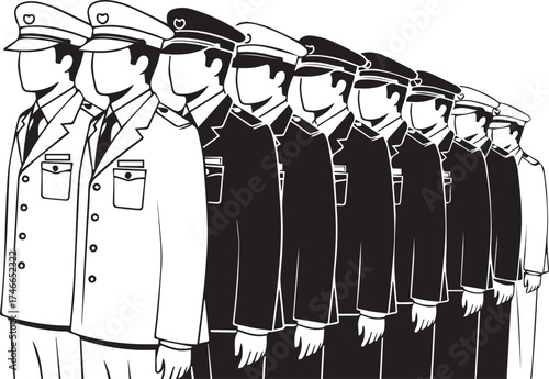 Black and White Vector Illustration of Uniformed Officers in Formation