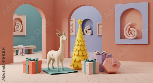 Cozy Minimalist Pastel Christmas and New Year Scene with Reindeer Gifts and Yellow Tree Modern Holiday Home Interior Decor with Art Arches








