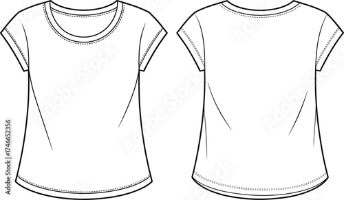 Women’s short sleeve T‑shirt fashion illustration, round neckline, shaping darts, flared hem, front and back technical drawing, garment design template