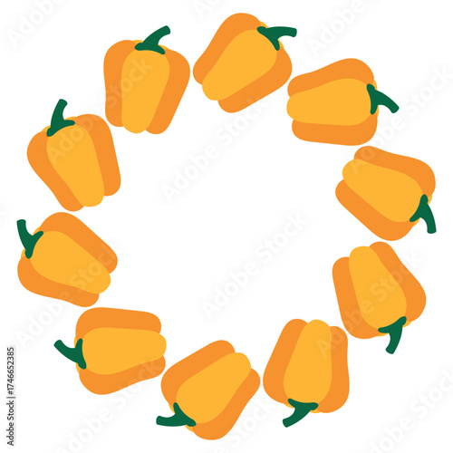 Flat vector wreath made of yellow bell peppers arranged in a circle. Modern minimal vegetable frame for healthy food design, vegan brand, eco packaging, or kitchen print.