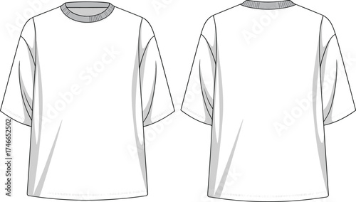 Short sleeve T‑shirt fashion illustration, crewneck neckline, curved seam panel details, relaxed fit, front and back technical flat sketch, garment template