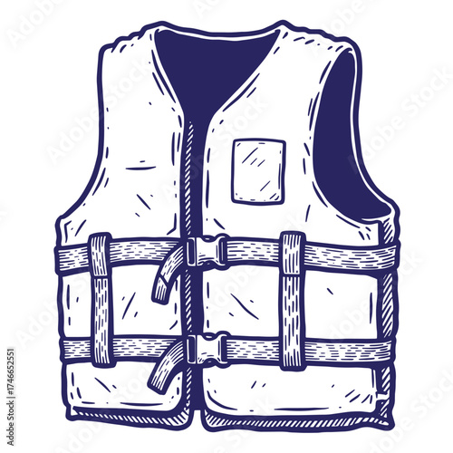 Vintage hand drawn illustration of a life vest safety equipment isolated on white background