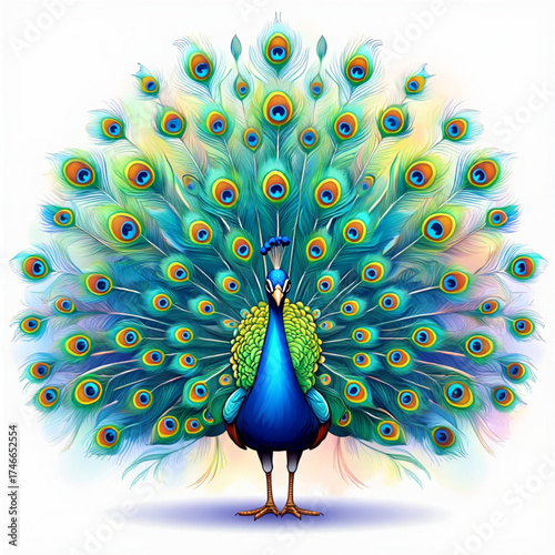 Magnificent peacock displaying its vibrant iridescent feathers