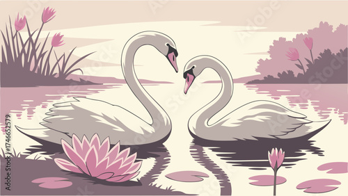 Romantic Swans on a Calm Lake at Sunset.