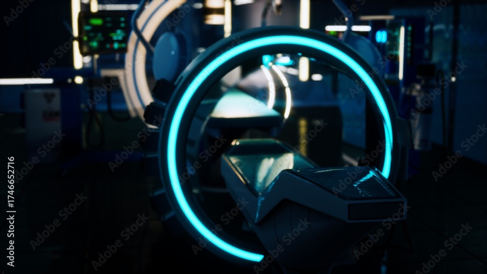 Fototapeta premium High tech medical equipment featuring neon accents illuminates a sleek and sterile environment. This space hints at cutting edge healthcare advancements shaping the future.