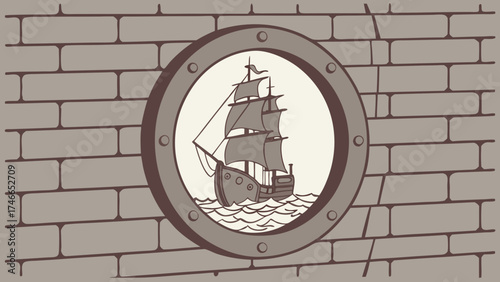 Ship in a porthole vintage style illustration nautical wall decor ship art antique maritime old ship seafaring porthole design sailing vessel decorative graphic drawing framed image.