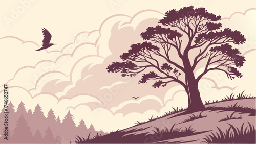 Silhouette of a Hillside Landscape with Tree and Clouds.