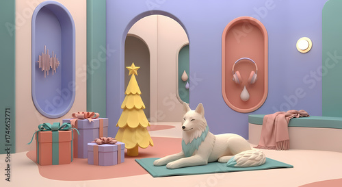 Modern Pastel Christmas and Happy New Year 2026 Interior Scene with White Dog Gifts and Festive Tree 3D Render
