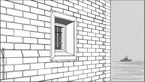 Simple Brick Wall with Window and Ship Silhouette.