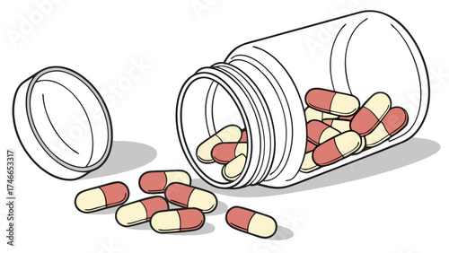 Spilled Capsules from Medicine Bottle Healthcare Pharmacy Medical Illustration.