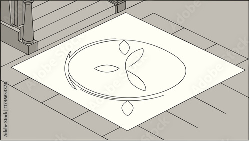 Square rug design with abstract floral pattern isometric view on floor near stairs.