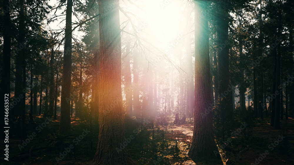 Obraz premium Golden rays of sunlight pierce through the towering trees in a serene forest, casting enchanting shadows on the forest floor, evoking a sense of wonder and tranquility.