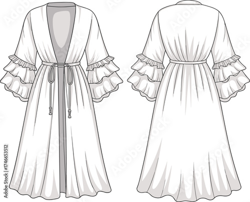 Long robe dress fashion technical drawing, deep V-neck cinched waist design with ruffle sleeves, women’s garment flat sketch apparel illustration template