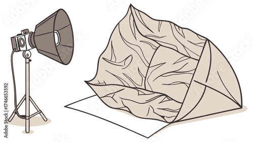 Studio Lighting Setup with Collapsible Reflector and Camera Illustration.