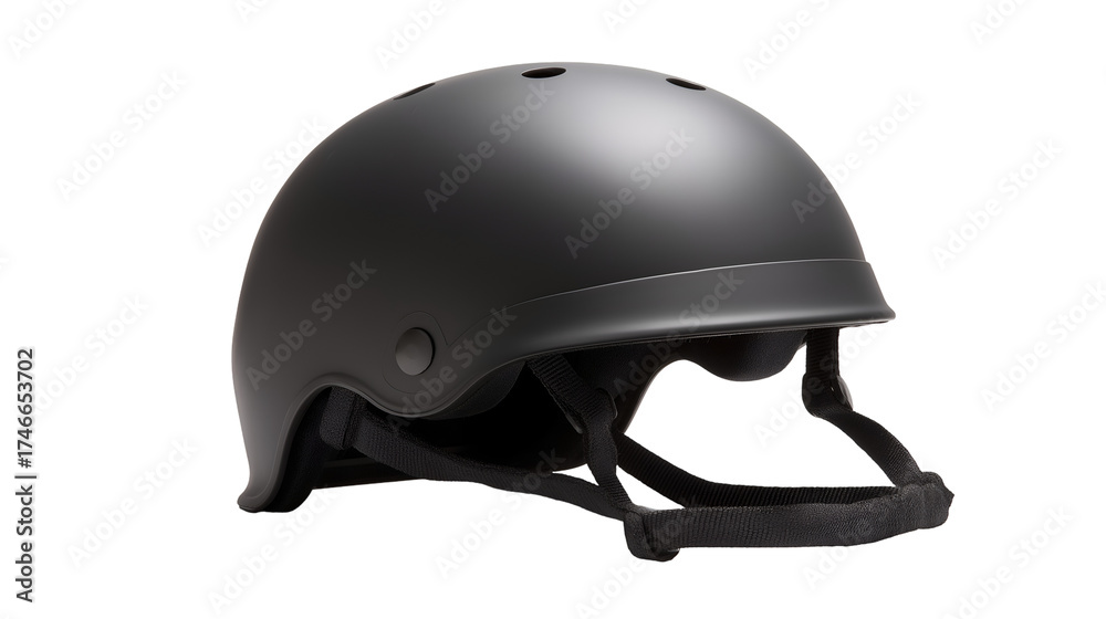 Fototapeta premium A matte black helmet with visible straps and ventilation holes on a black background in a studio shot