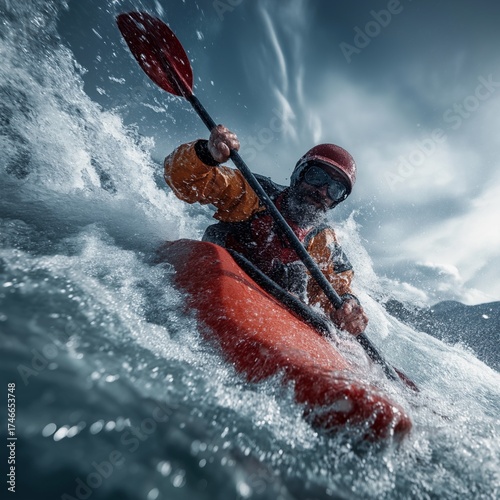 Professional kayaker paddling through whitewater rapids