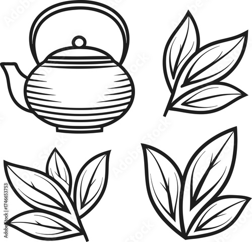 tea, ceremony, icon, set, outline, sketch, herbal, natural, organic, drink, beverage, green, black, asian, japanese, chinese, traditional, culture