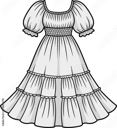 Women’s vintage puff sleeve dress fashion illustration, smocked bodice, tiered skirt, ruffle trim, elegant feminine style, garment design template, apparel sketch