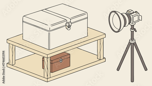 Studio Setup with Wooden Stand and Camera.