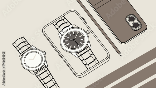 Stylish Wristwatches Smartphone and Pencil Flat Lay Illustration.