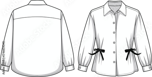 Women’s blouse fashion illustration, front and back technical drawing, pointed collar, button down design, ribbon bow waist detail, garment design template