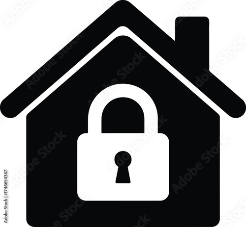 Black silhouette of a house with a white padlock symbol in the center representing home security and safety isolated on transparent background