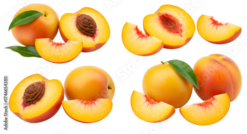 Fresh ripe peaches with green leaves and peach halves isolated on white background - perfect for healthy food and summer recipes