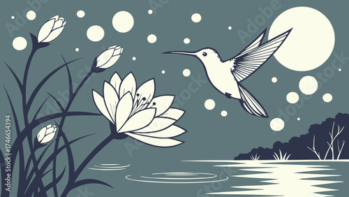 Stylized Hummingbird in Flight Over Water Lilies and Pond at Night Nature Scene Artistic Illustration.