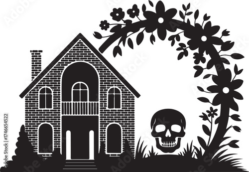 Silhouette illustration of haunted house with skull and blooming tree perfect for Halloween designs and spooky themes