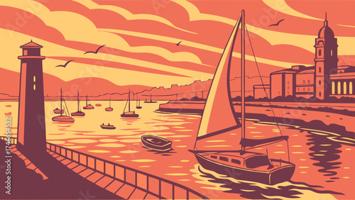 Sunset Sailboat Harbor Lighthouse Coastal Scene Vintage Style Illustration.
