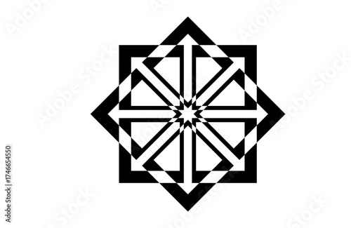 Black and white geometric square mandala pattern with modern symmetry lines, abstract sacred art symbol, minimal boho design for meditation, tattoo inspiration, balance and harmony concept background