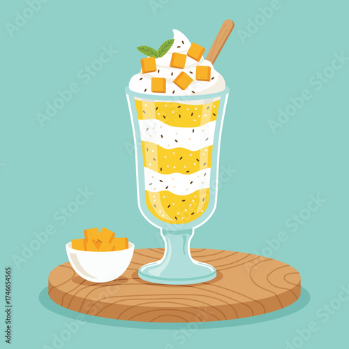 flat color of refreshing mango and coconut layered dessert with chia seeds pudding
