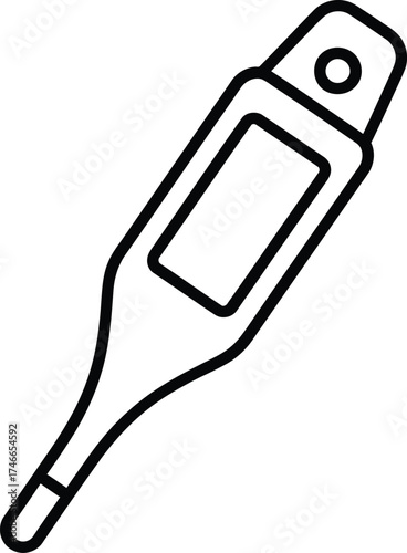 Simple black and white line art illustration of a digital thermometer isolated on transparent background