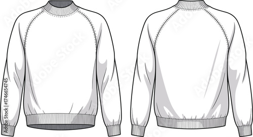 Sweatshirt fashion technical drawing, crew neck raglan sleeve design, ribbed cuffs and hem, front and back view garment flat sketch apparel illustration