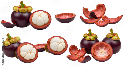 Fresh mangosteen fruit and peel isolated on white background, tropical fruit, healthy food, perfect for food and nutrition content