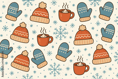Cozy winter scene with warm hats mittens and hot chocolate drinks amidst snowflakes