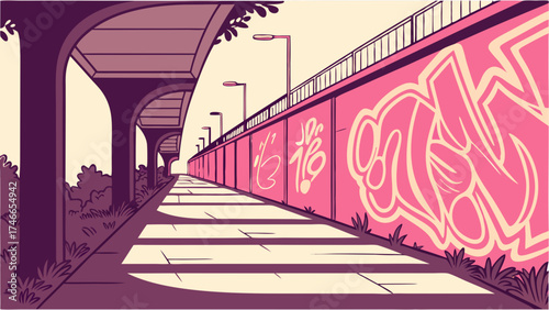 Urban Underpass Pathway with Graffiti Art.