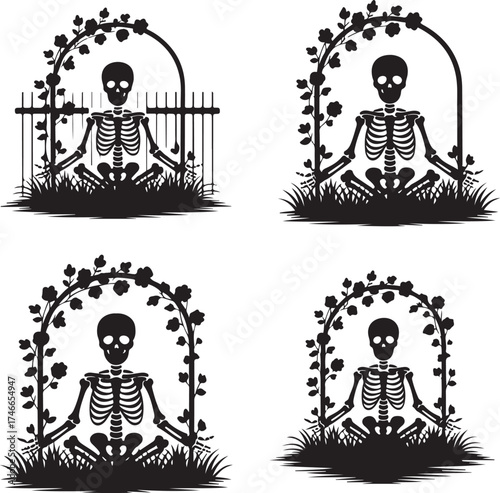 Skeleton in floral archway illustration set for Halloween with varying fence and arch designs in silhouette