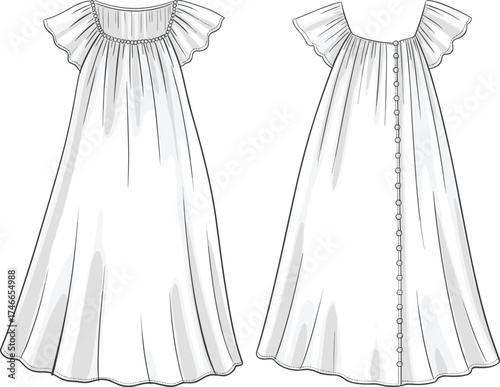 Off shoulder ruffle dress fashion technical drawing, women’s loose silhouette flared hem design, button back closure garment flat sketch apparel illustration
