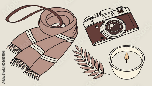 Vintage Camera Cozy Scarf Candle Autumn Leaf Illustration Flat Lay Design Graphic Element Warm Tones Fall Decor Hygge Style Lifestyle Photography Cozy Aesthetic Autumn Vibes Winter Fa.