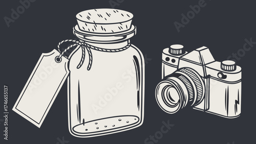 Vintage Glass Jar with Cork and Blank Label Beside a Retro Camera Illustration.