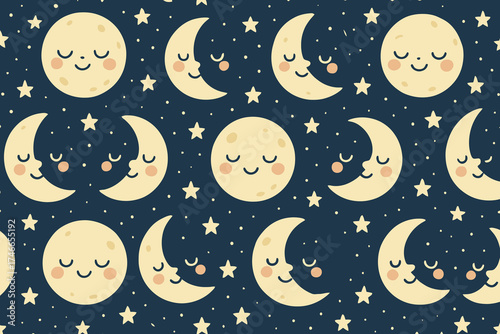 Cute cartoon moon phases with happy faces and stars on a dark blue night sky background