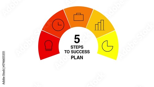 Colorful circular infographic template with 5 steps and icons inside each section clean flat style with editable text area animation
