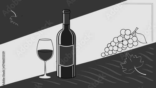 Wine Bottle and Glass with Grapes and Leaves.