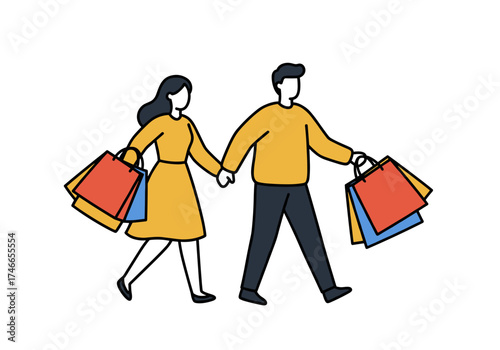 Happy couple walking and shopping together with colorful bags for Black Friday  