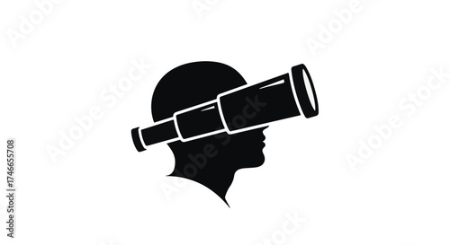 Silhouette of a person's head with a telescope replacing the eye, symbolizing vision and discovery.