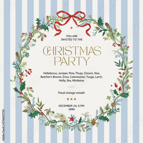 The Floral vintage wreath with blue stripes and red bow. Christmas party. Greeting floral card.