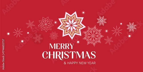 Happy Holidays: A minimalist banner concept with golden and white snowflakes and Christmas stars. Merry Christmas and Happy New Year greeting cards, social media posts, or invitation designs.