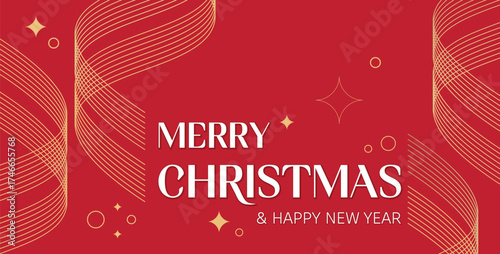 Happy Holidays, minimalist banner concept with golden rays on a red background. Merry Christmas and Happy New Year elegant greeting cards, social media post or invitation vector design.